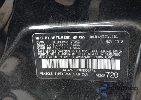 2019 Mitsubishi Mirage Es from USA, damaged, VIN ML32A3HJ3KH005334